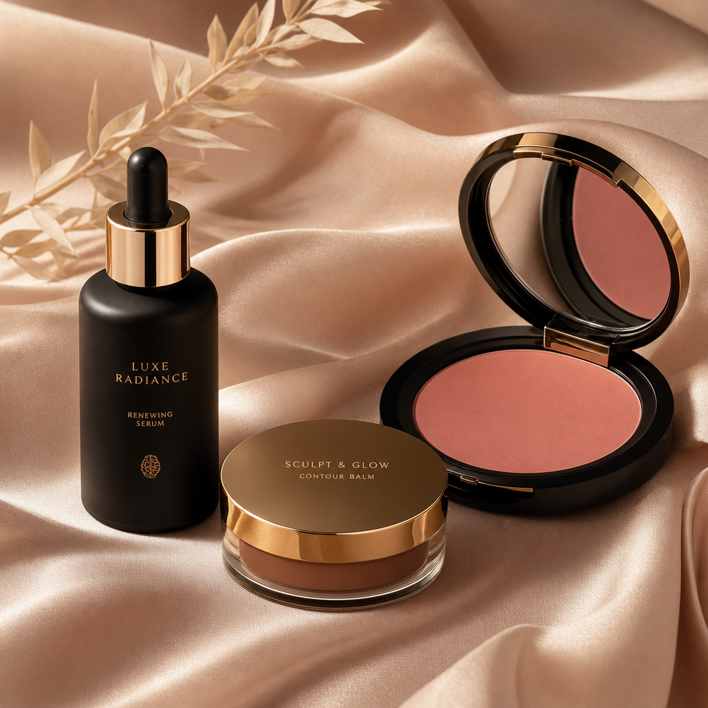 luxury beauty bundle featuring a matte black serum bottle, a gold-capped contour balm, and a blush compact arranged on warm beige satin
