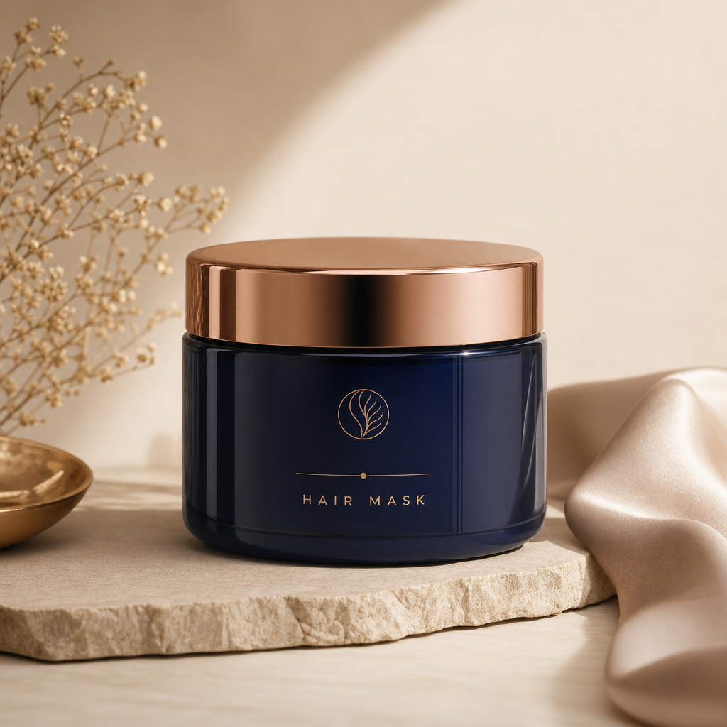 Deep navy hair mask jar with metallic rose-gold lid