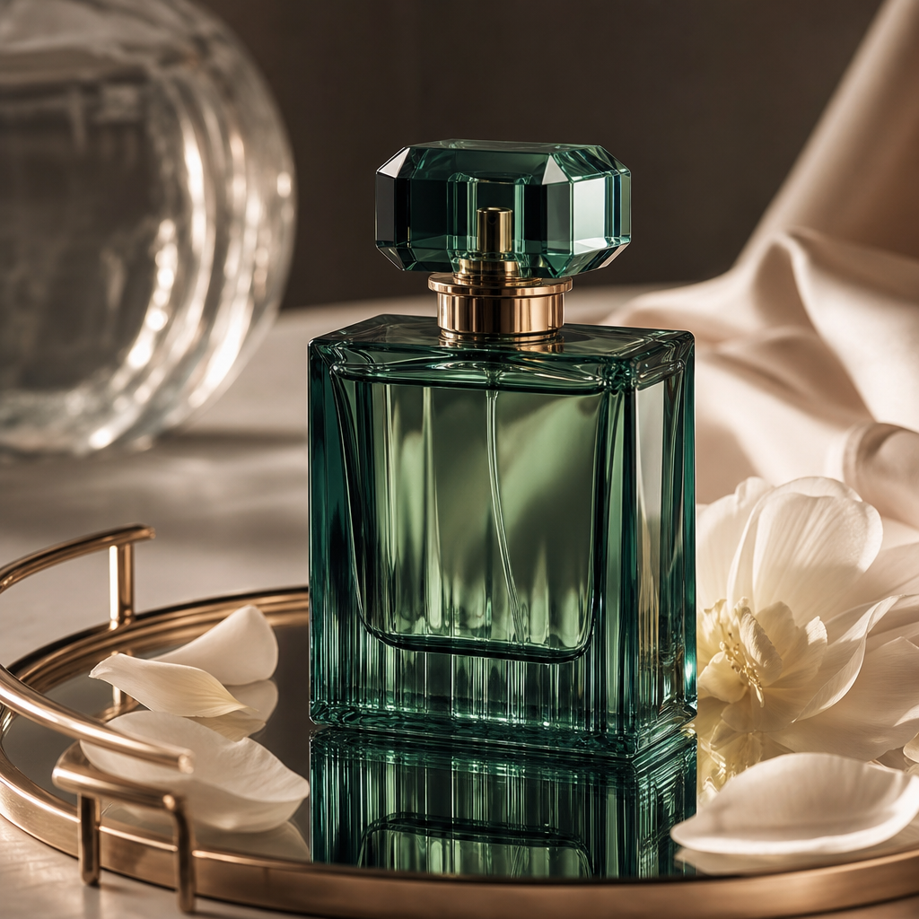 Elegant perfume bottle with emerald-tinted glass on a mirrored tray with soft petals