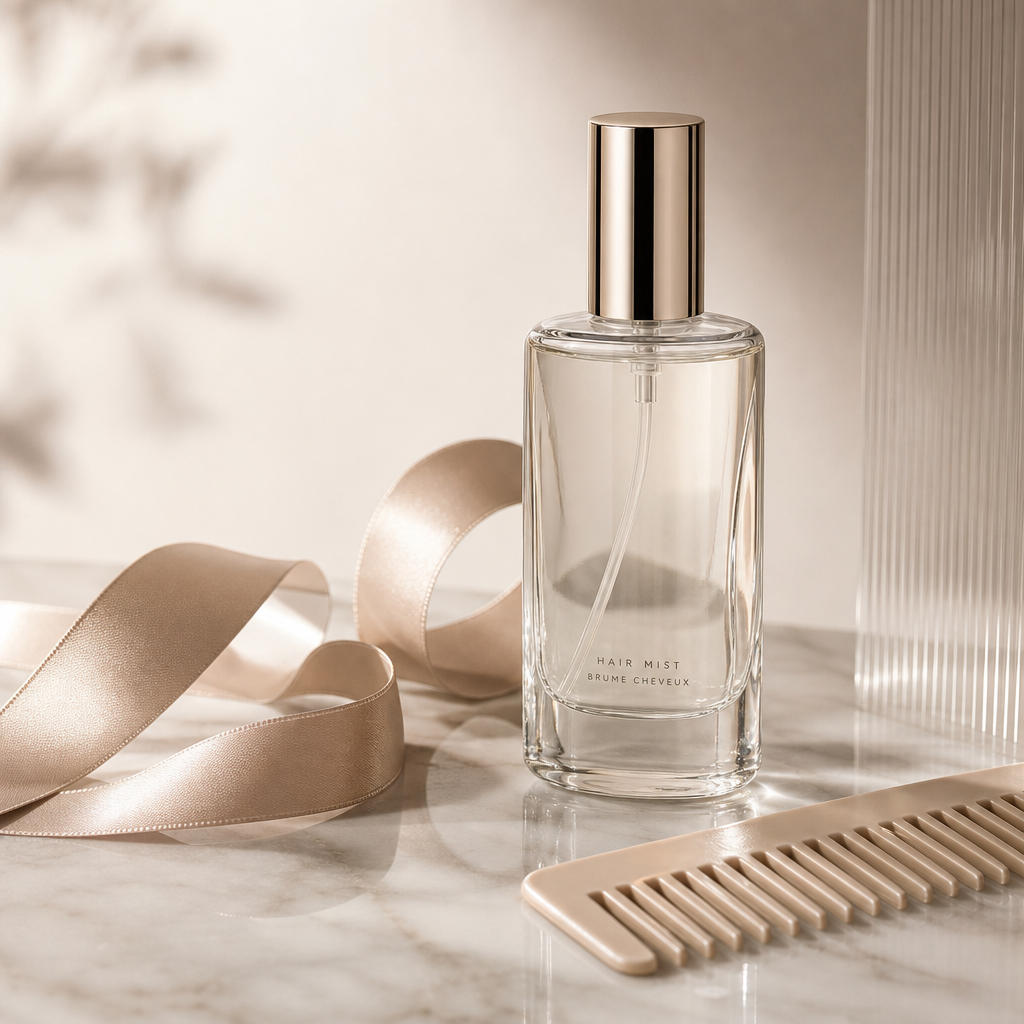 Sleek clear hair mist bottle with a metallic cap beside a satin ribbon and comb