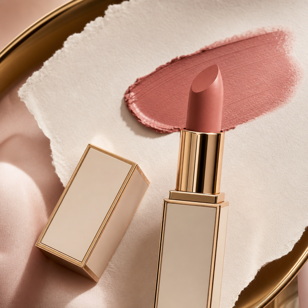 Luxury matte lipstick in a gold-trimmed tube, soft blush shade swatched on textured paper