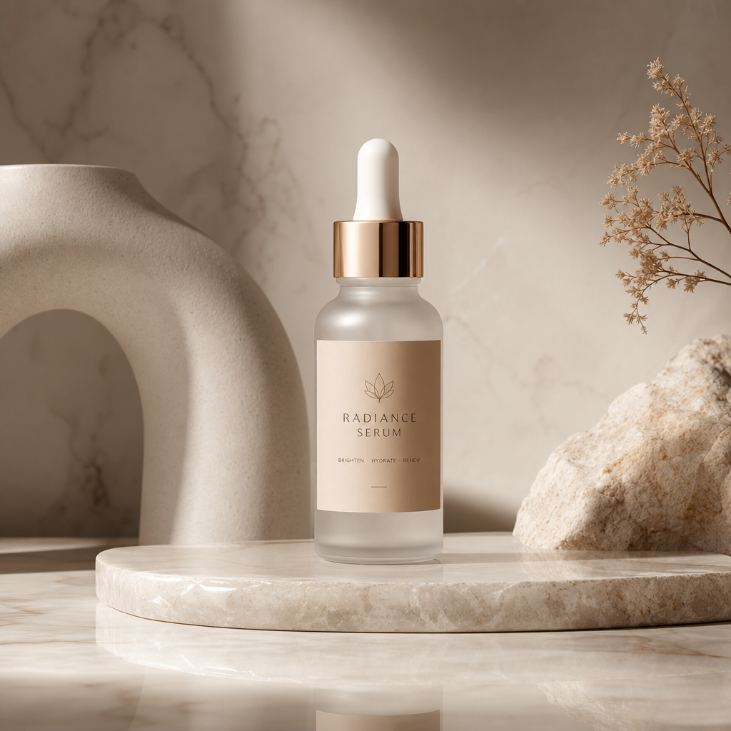Minimalist frosted glass serum bottle with a warm beige label, placed on a reflective stone slab
