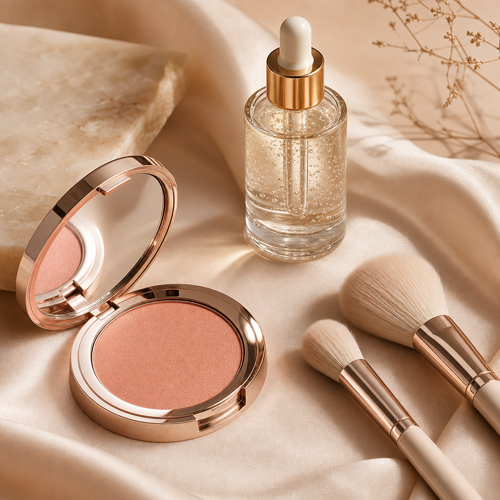 Luxury beauty flatlay with blush compact, glass serum bottle, and gold makeup brushes on soft beige fabric