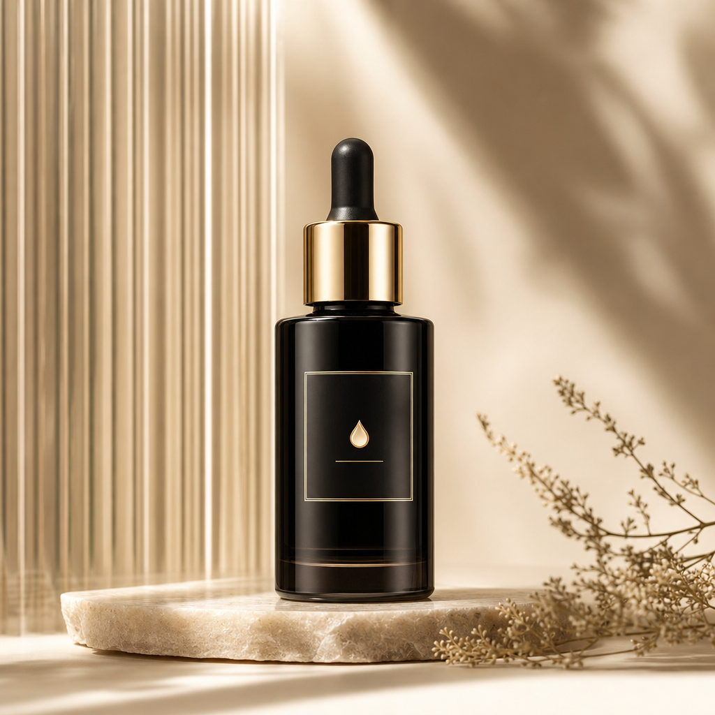 Elegant black glass serum bottle with a gold dropper and minimal label