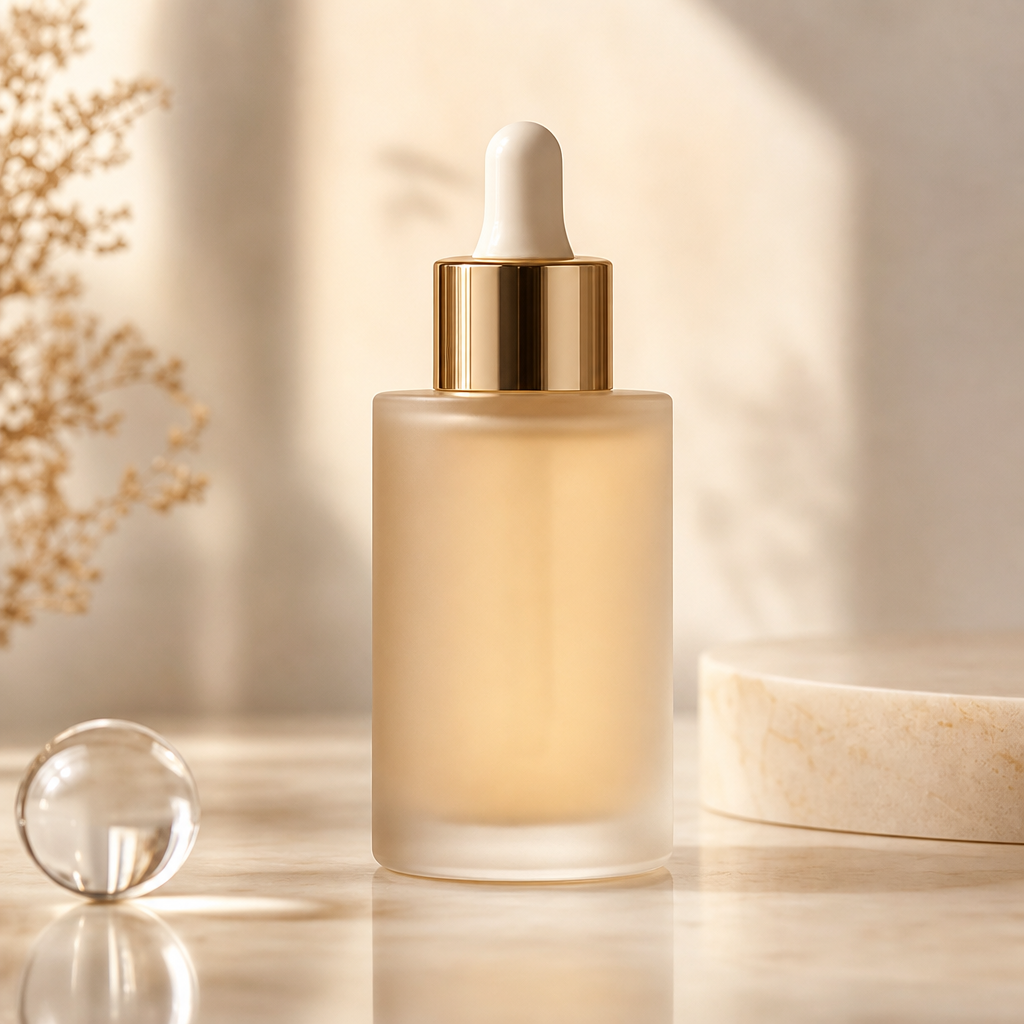 Frosted glass serum bottle with a warm beige tint and gold dropper cap on a soft neutral backdrop