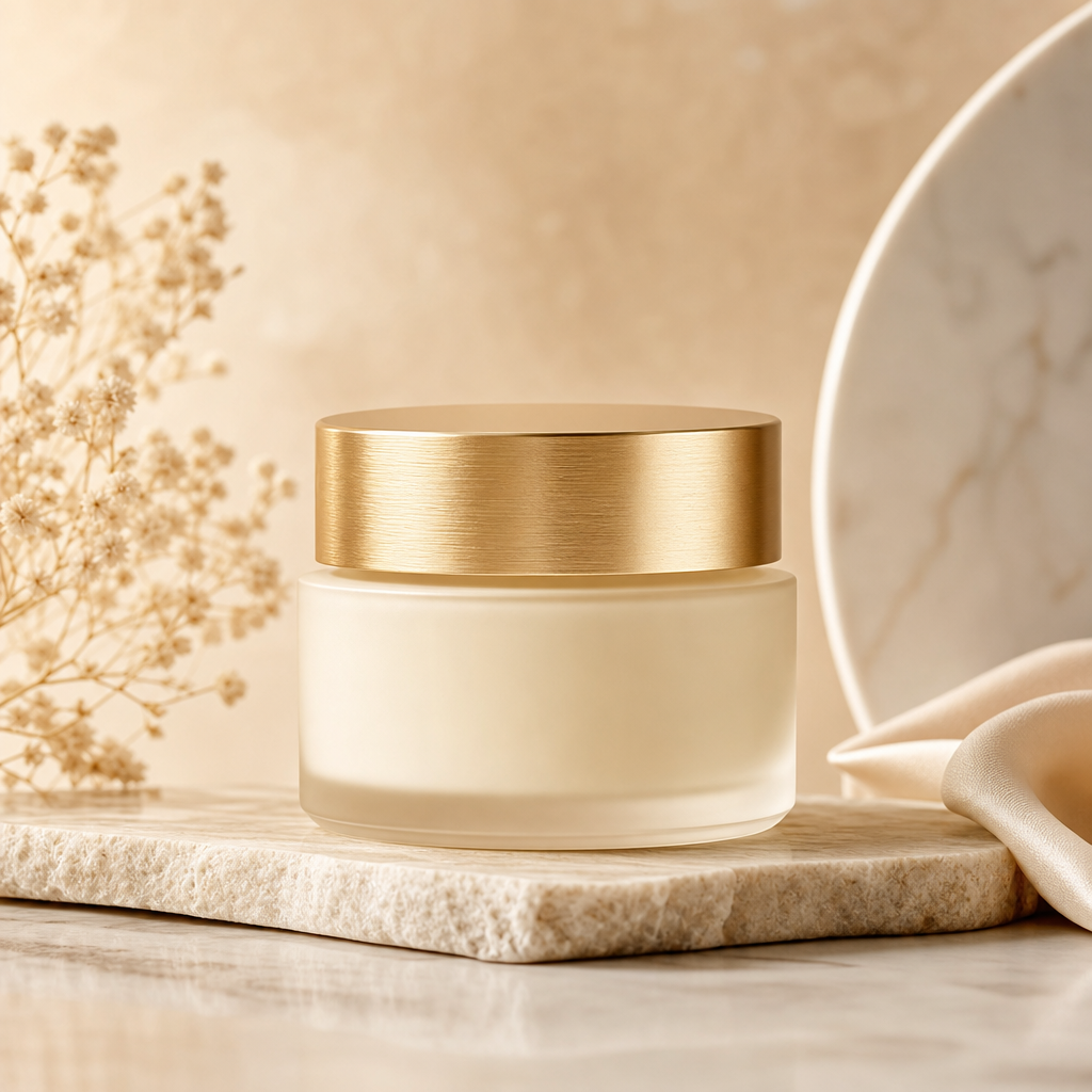 Luxury face cream jar in soft ivory with a brushed gold lid on a warm beige background