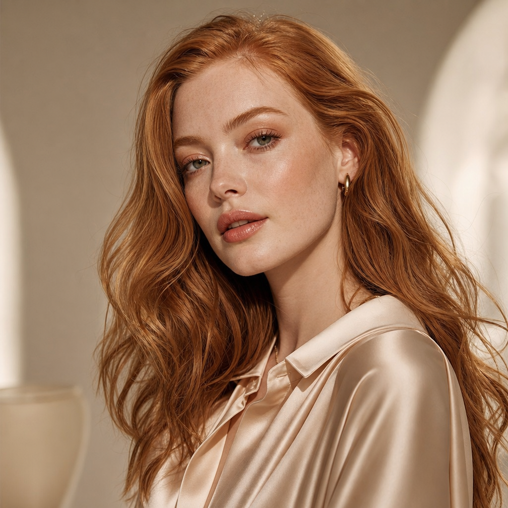 Portrait of Emma, a fair-skinned woman with strawberry blonde hair in loose waves and a silk blouse