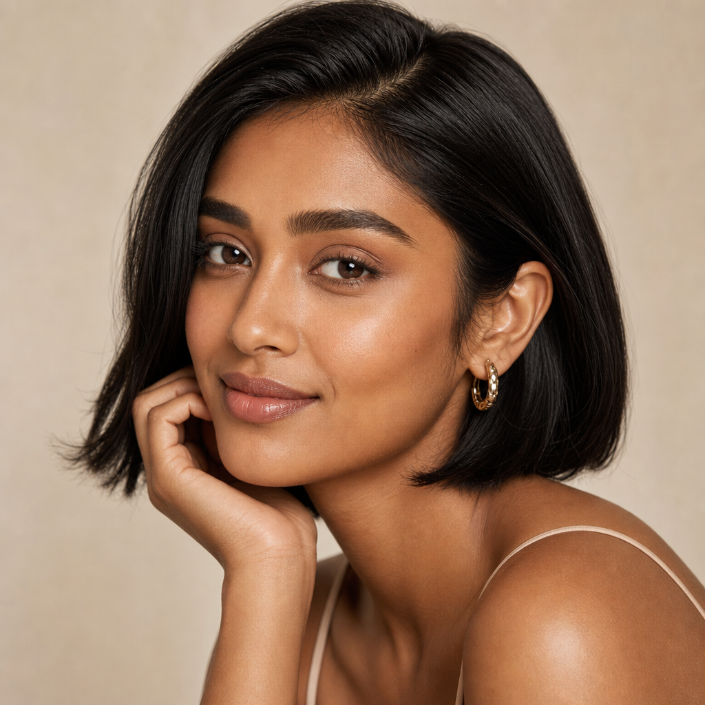 Portrait of Lila, a woman with warm brown skin, sleek black bob hair, and soft gold earrings
