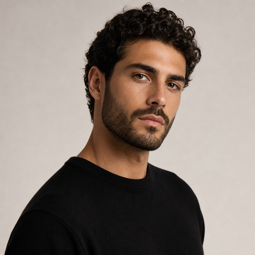 Portrait of Mateo, a man with olive skin, short curly hair, and a trimmed beard
