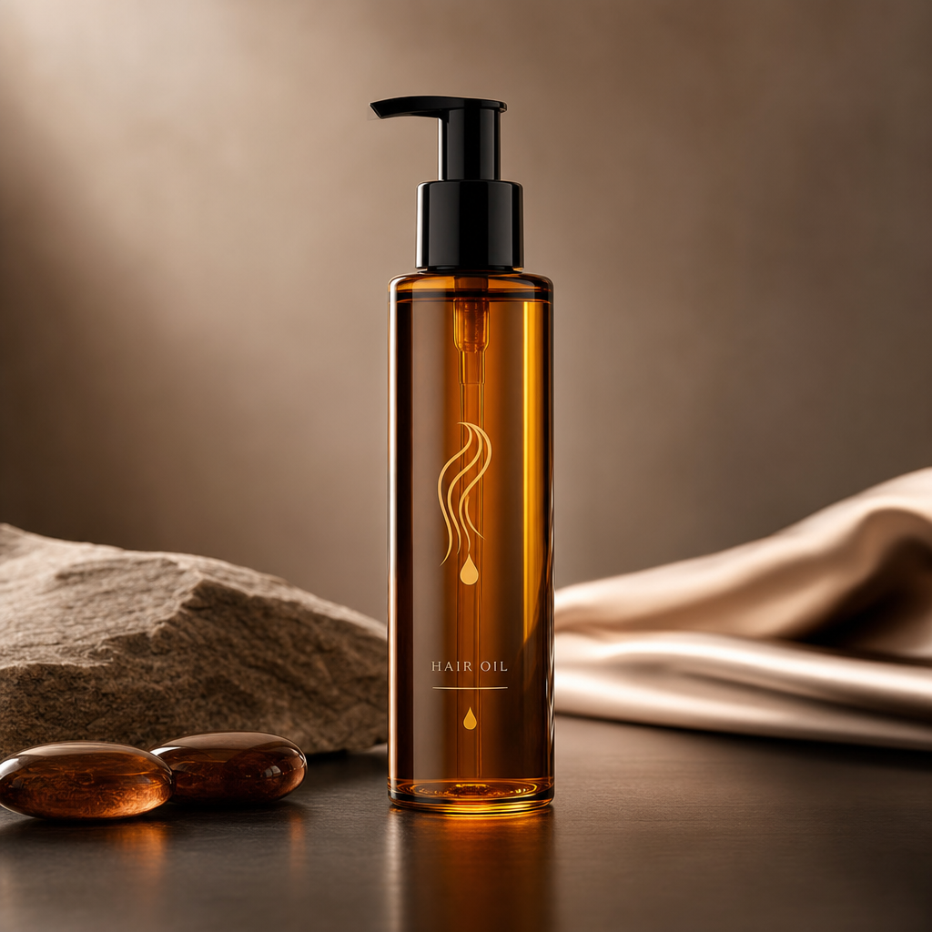 Tall amber hair oil bottle with a sleek black pump and subtle reflections on a dark neutral surface