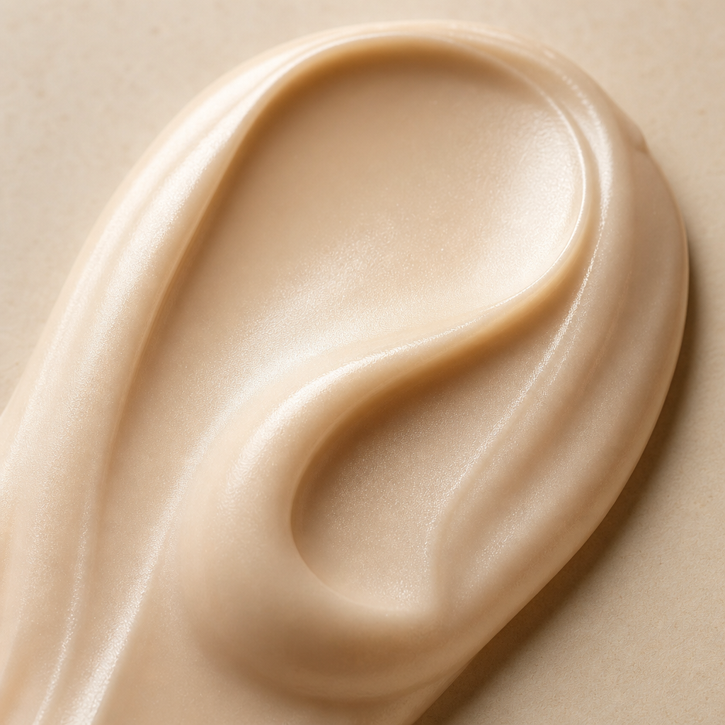 Close-up of a creamy pearl-beige cosmetic texture swirled in a smooth ribbon