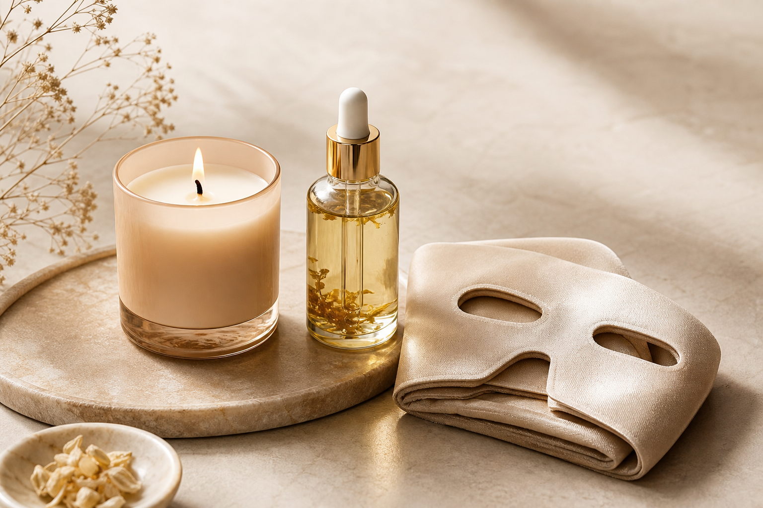 self-care essentials including candles, face mask, and botanical oils