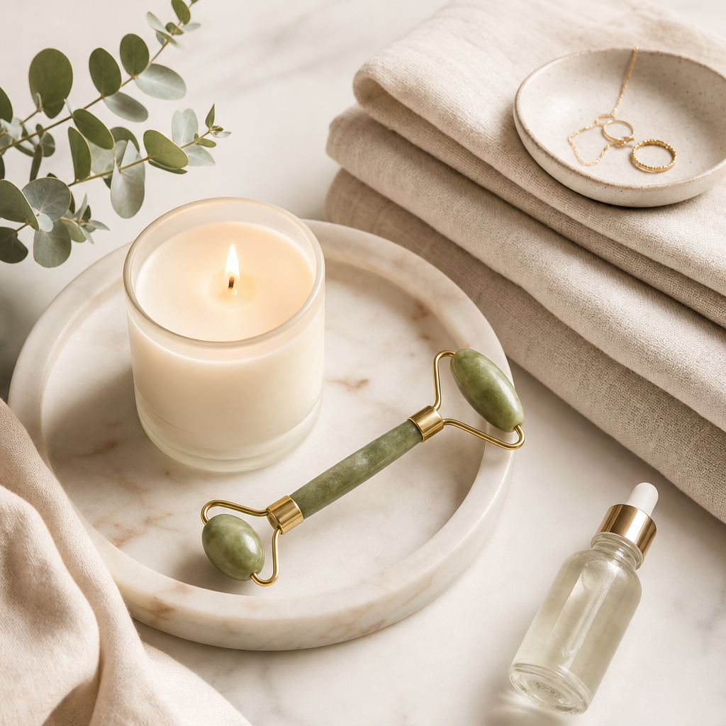 Self-care essentials with candles, jade roller, and soft linen in neutral tones