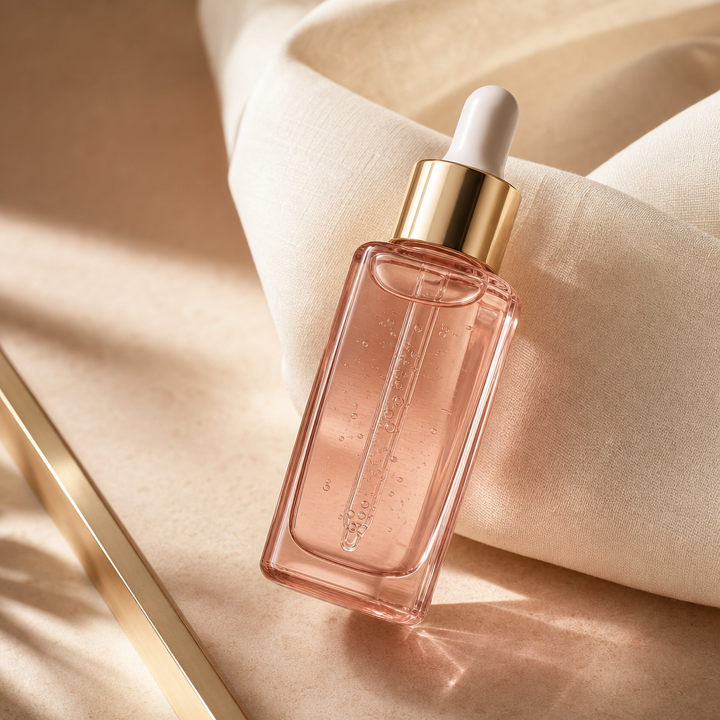 Angled view of a rose-tinted serum bottle with a gold dropper beside a soft linen backdrop
