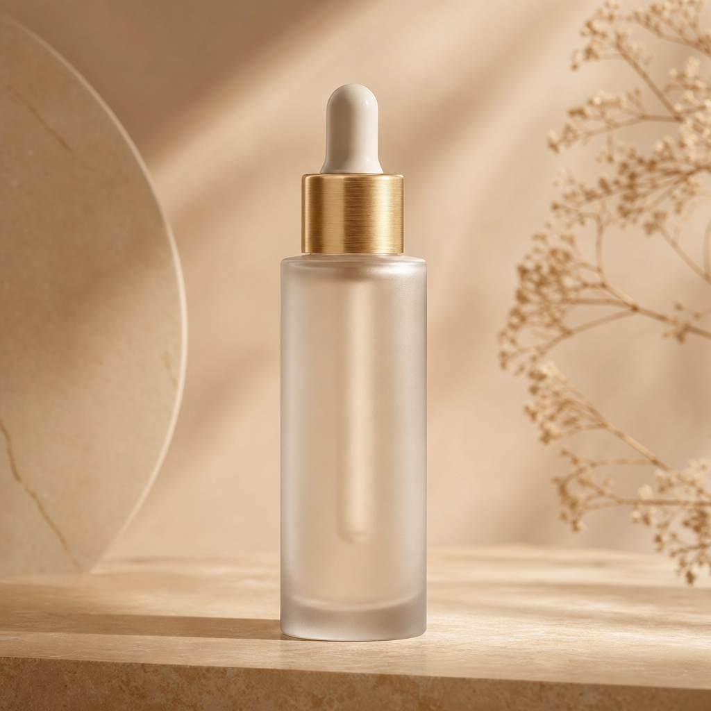 Tall frosted glass serum bottle with a gold dropper cap on a warm beige surface