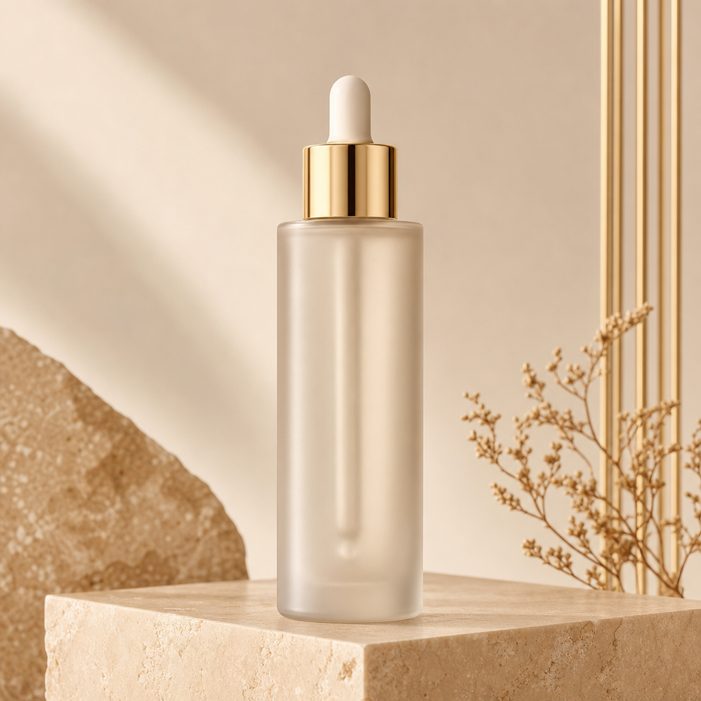 Front view of a tall frosted glass serum bottle with a gold dropper cap on a warm beige stone pedestal