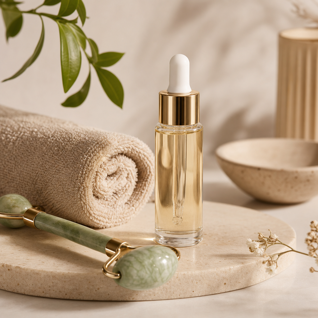 Serum bottle styled with a jade roller and beige hand towel in a minimal spa ritual setup