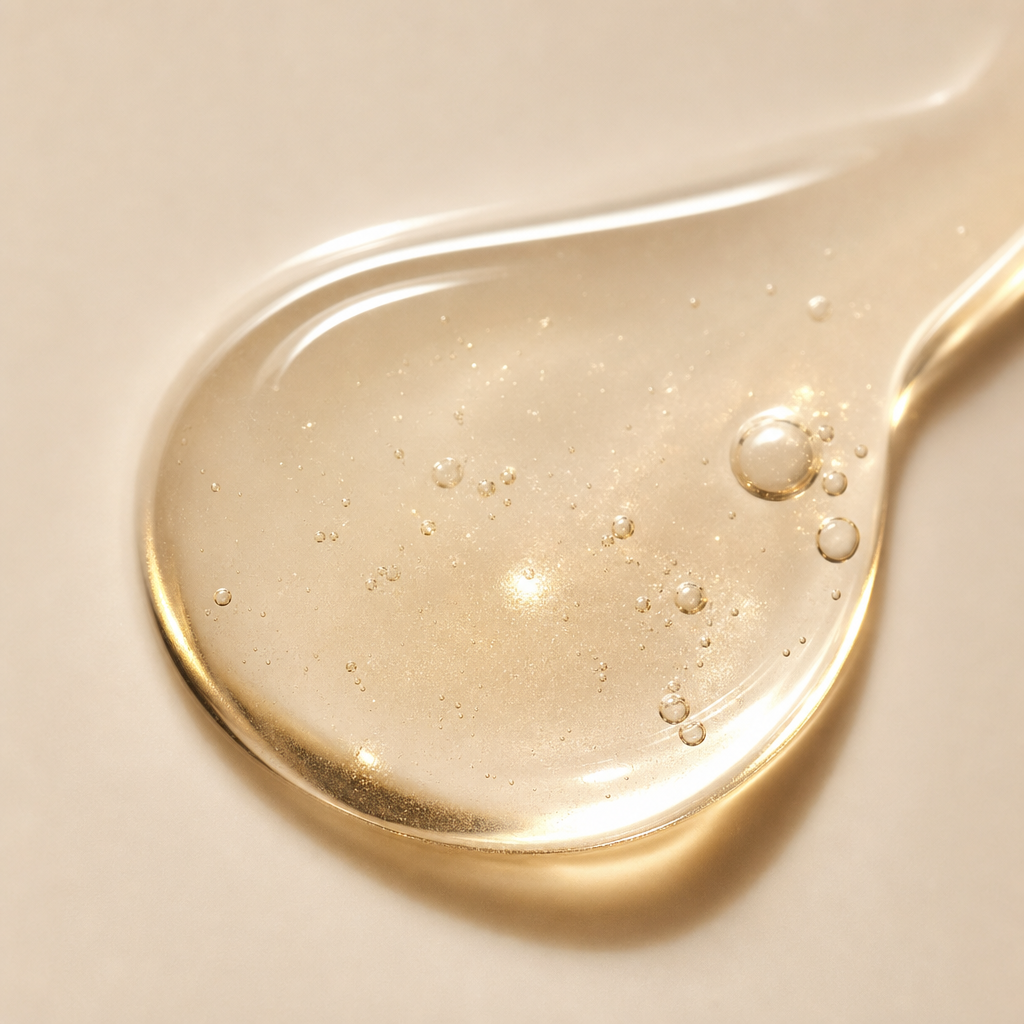 Close-up of a glossy translucent serum droplet with subtle golden reflections on a soft neutral background