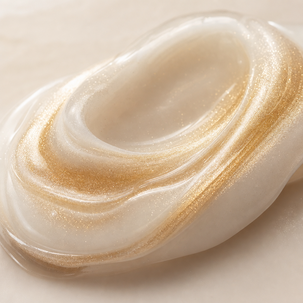 Close-up of pearly serum texture with a golden shimmer on a creamy surface