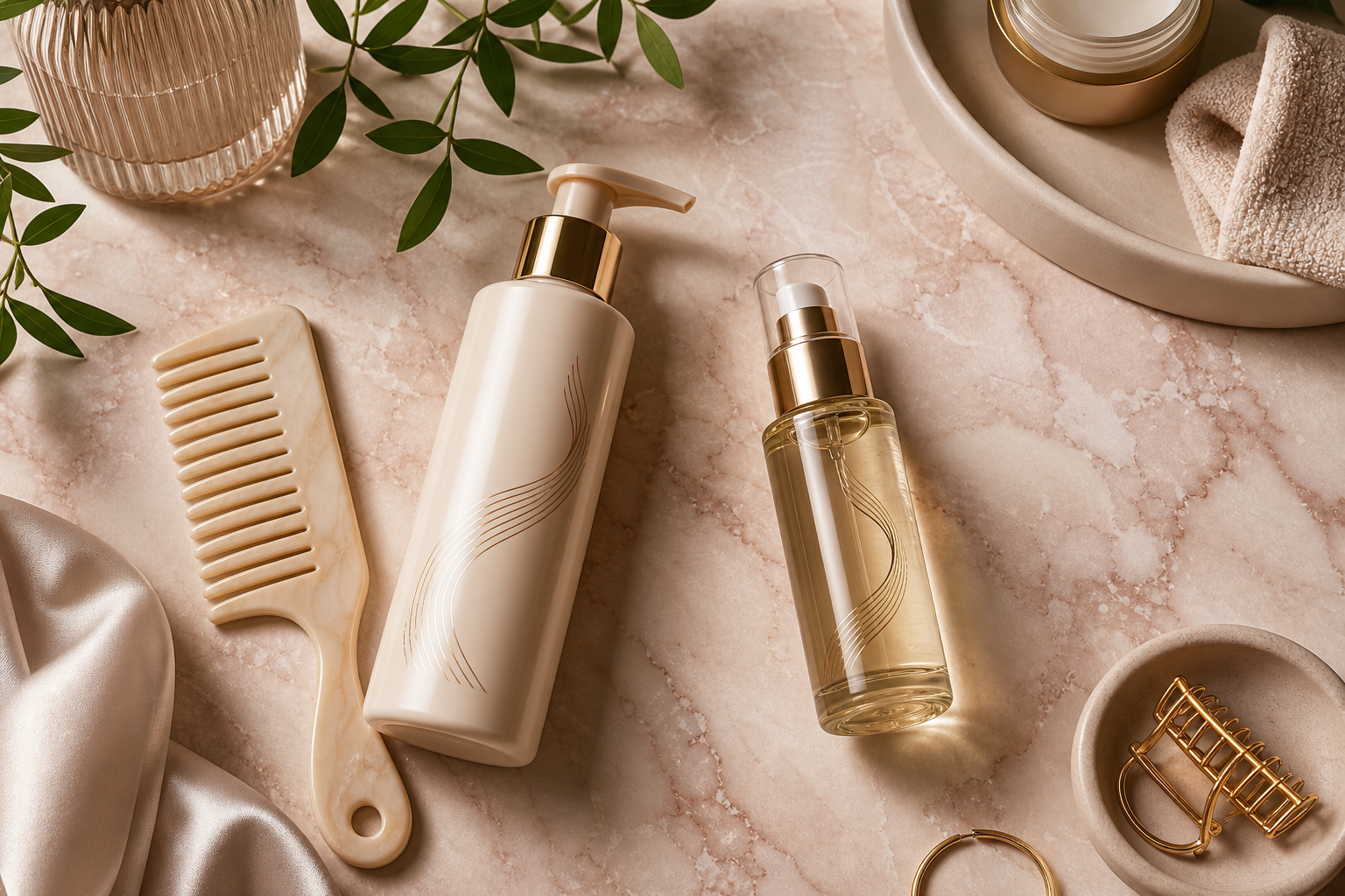 Silky haircare bottles and comb on a blush marble counter