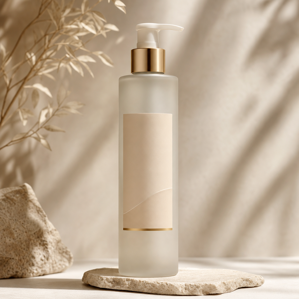 Tall frosted haircare bottle with pump and subtle beige label