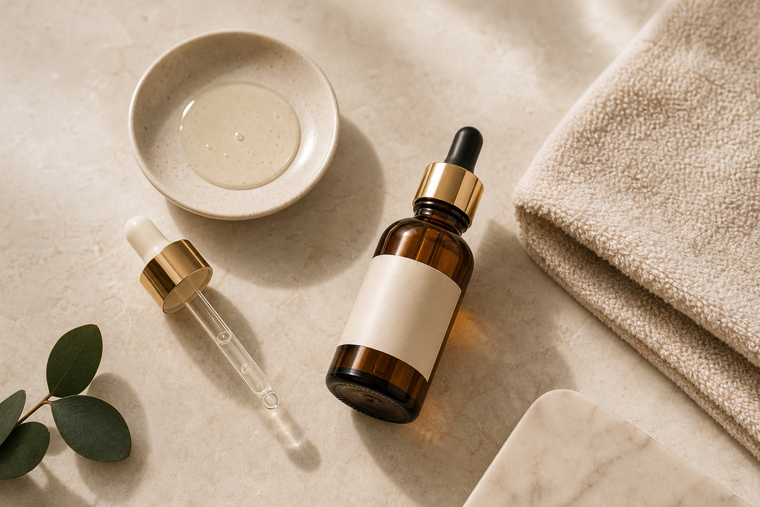 Minimalist skincare ritual setup with amber glass serum, ceramic dish, and beige towel
