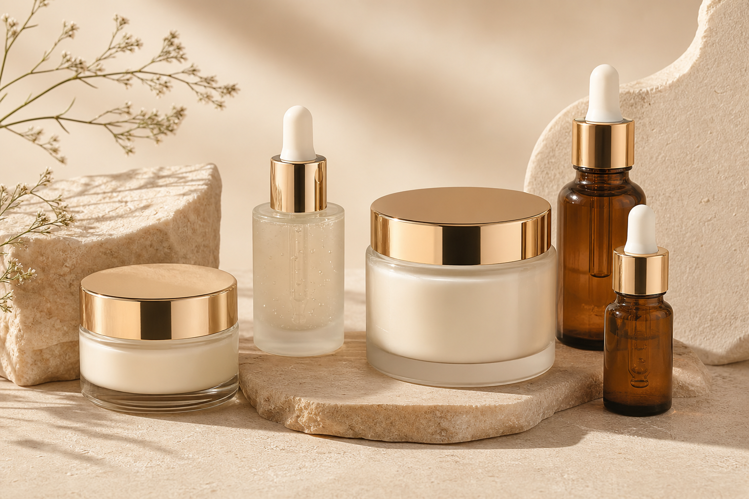 luxury skincare jars with glass droppers and beige textures