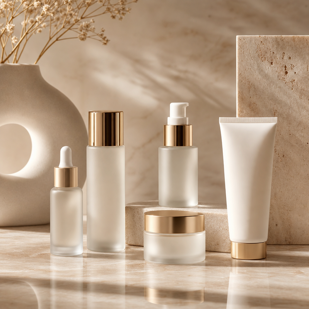 Minimalist skincare bottles and jars on warm beige marble with soft light