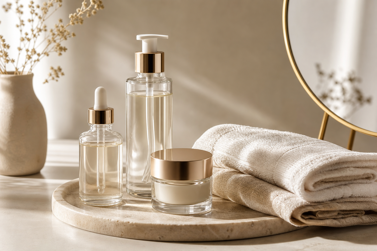 Minimalist vanity with glass skincare bottles, a folded linen towel, and a soft beige stone tray