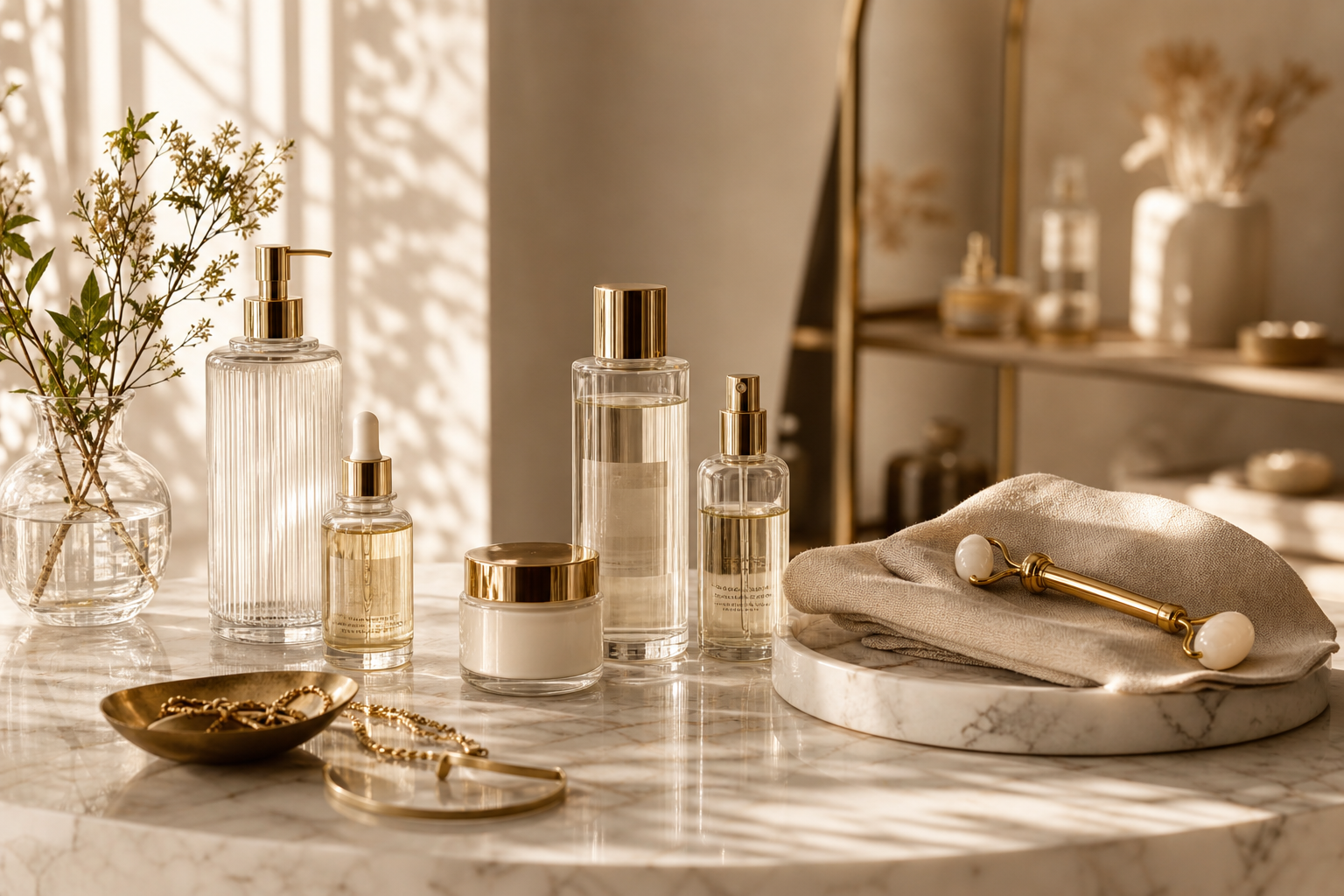 Sunlit beauty atelier with glass skincare bottles, brass tools, and soft beige linens