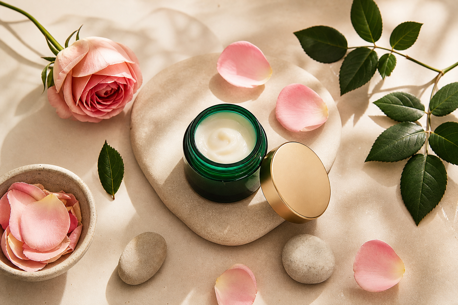 Flatlay of botanical ingredients with rose petals, emerald glass jar, and warm neutral background