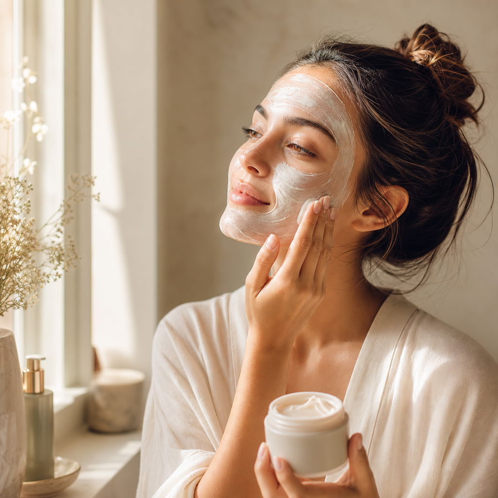 Woman applying a creamy face mask near a sunlit window
