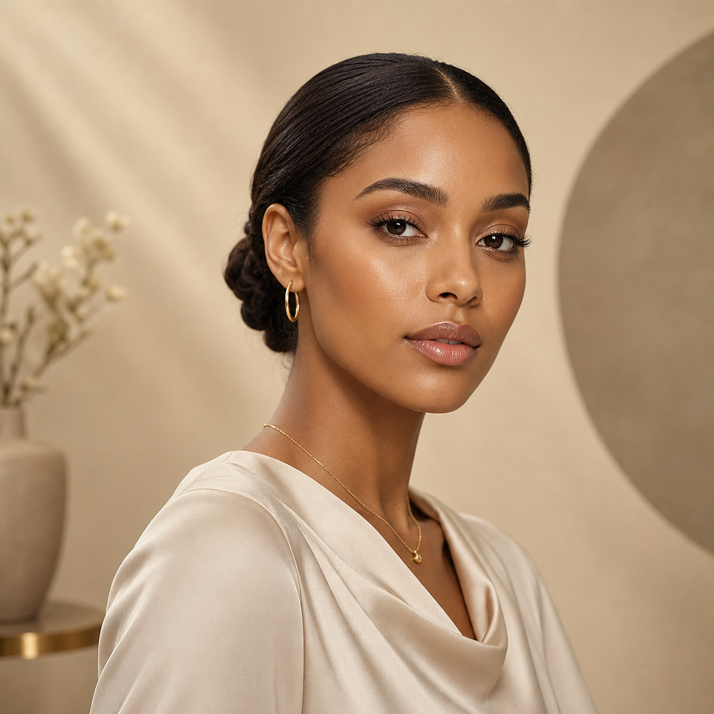 Portrait of a poised creative director with warm brown skin, sleek low bun, and minimal gold jewelry, photographed in a soft beige studio.