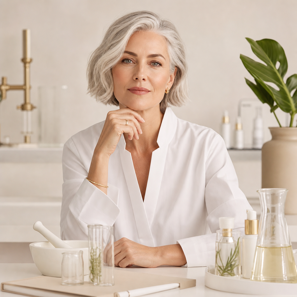 Portrait of a skincare formulation scientist with fair skin, short silver bob, and white lab-inspired styling, captured against a muted ivory background.