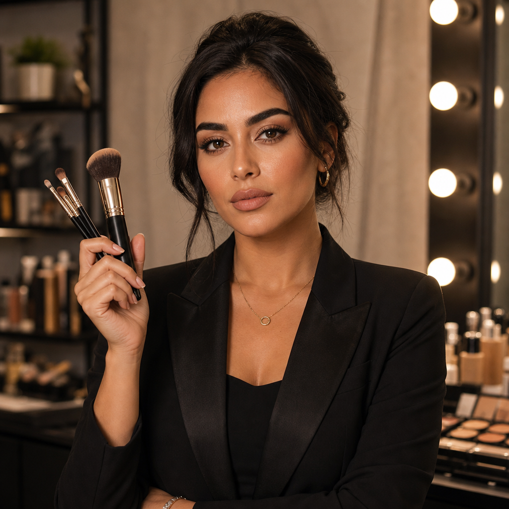 Portrait of a makeup artist with olive skin, sharp brows, and a sleek black blazer, photographed in a studio with soft diffused lighting.