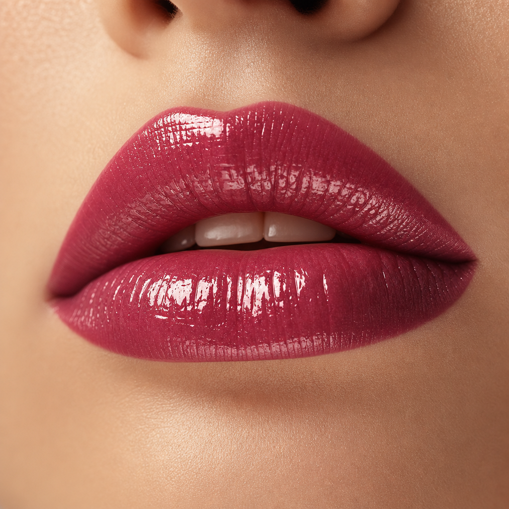 Close-up of glossy berry lipstick on lips with soft studio lighting