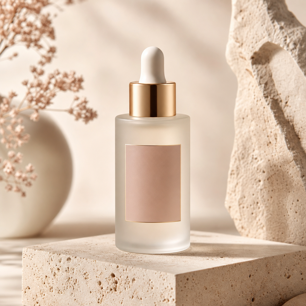 Frosted glass serum bottle with a soft gold dropper cap and blush-toned label, placed on a warm beige stone plinth