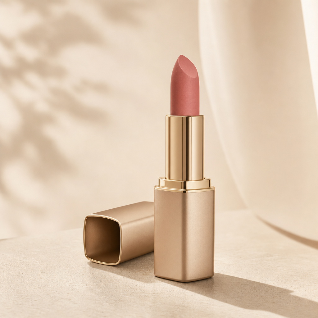 Soft blush lipstick in a matte champagne tube with cap resting beside it
