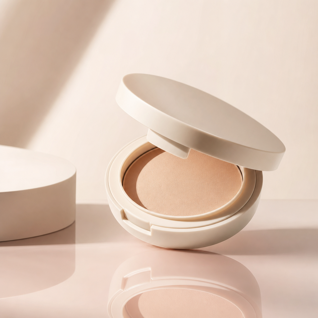 Minimalist compact foundation case in matte ivory with a soft blush reflection on a clean studio surface