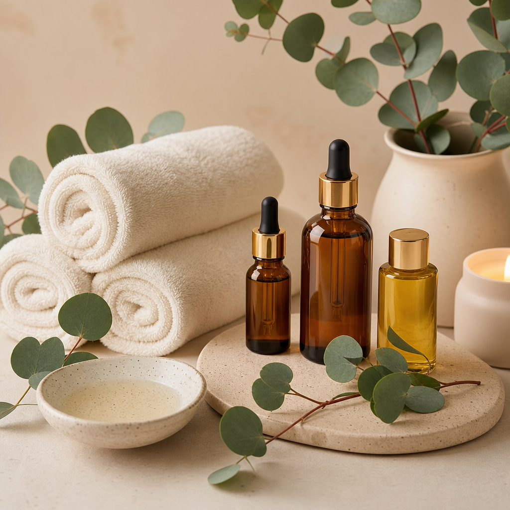 Calming wellness ritual set with amber glass oil bottles, soft towels, and eucalyptus accents