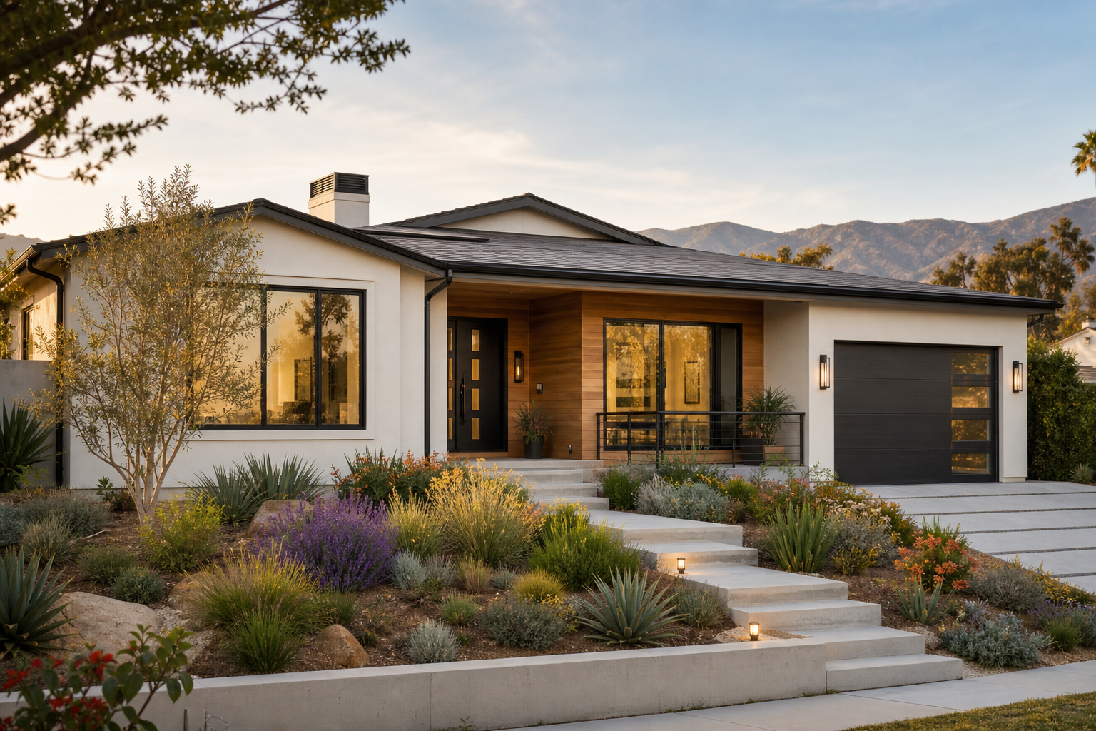 Warm modern Los Angeles home with clean lines and landscaped yard, symbolizing resilient wildfire rebuilding