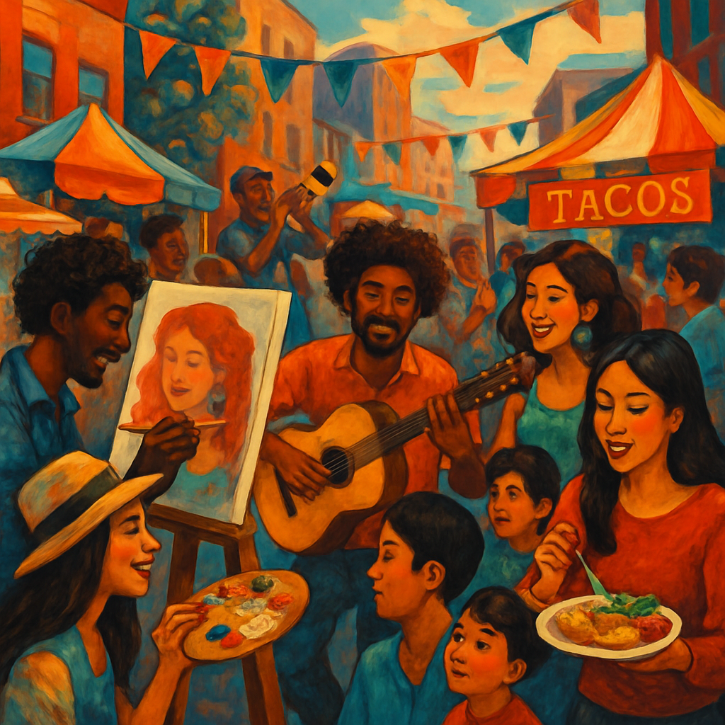 Dynamic cultural scene: art, music, and food blending in a lively urban festival with diverse people