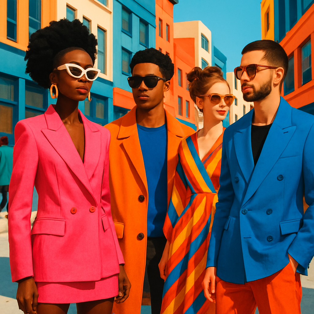 A modern, vibrant fashion scene with stylish people and bold clothing in an urban setting