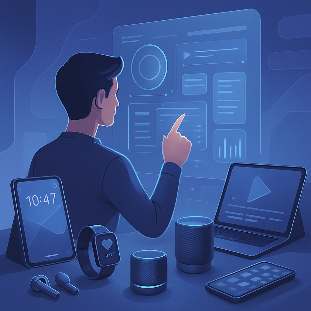 Futuristic tech concept with sleek devices, smart gadgets, and a person interacting with digital interfaces