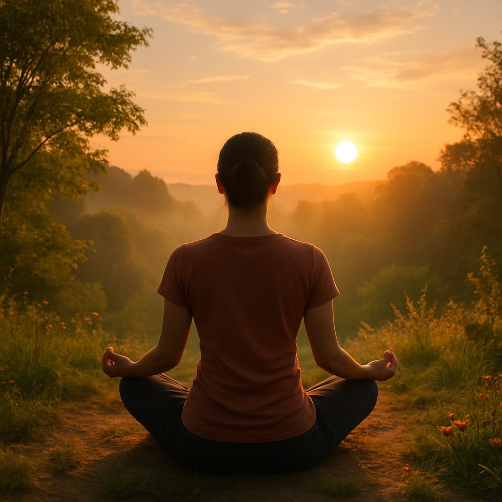 Peaceful wellness scene: a person meditating outdoors at sunrise, surrounded by nature