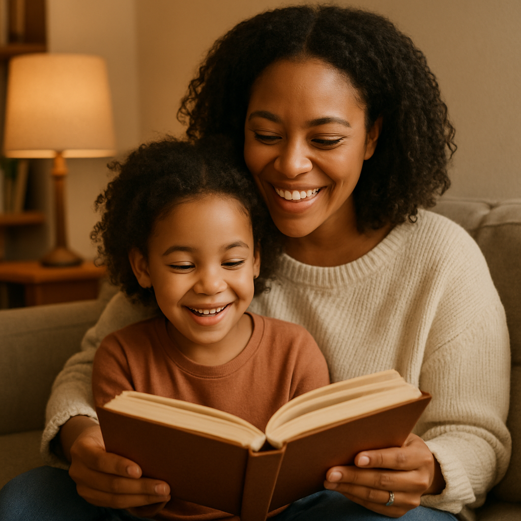 Parent and child smiling together, reading a book in a cozy living room