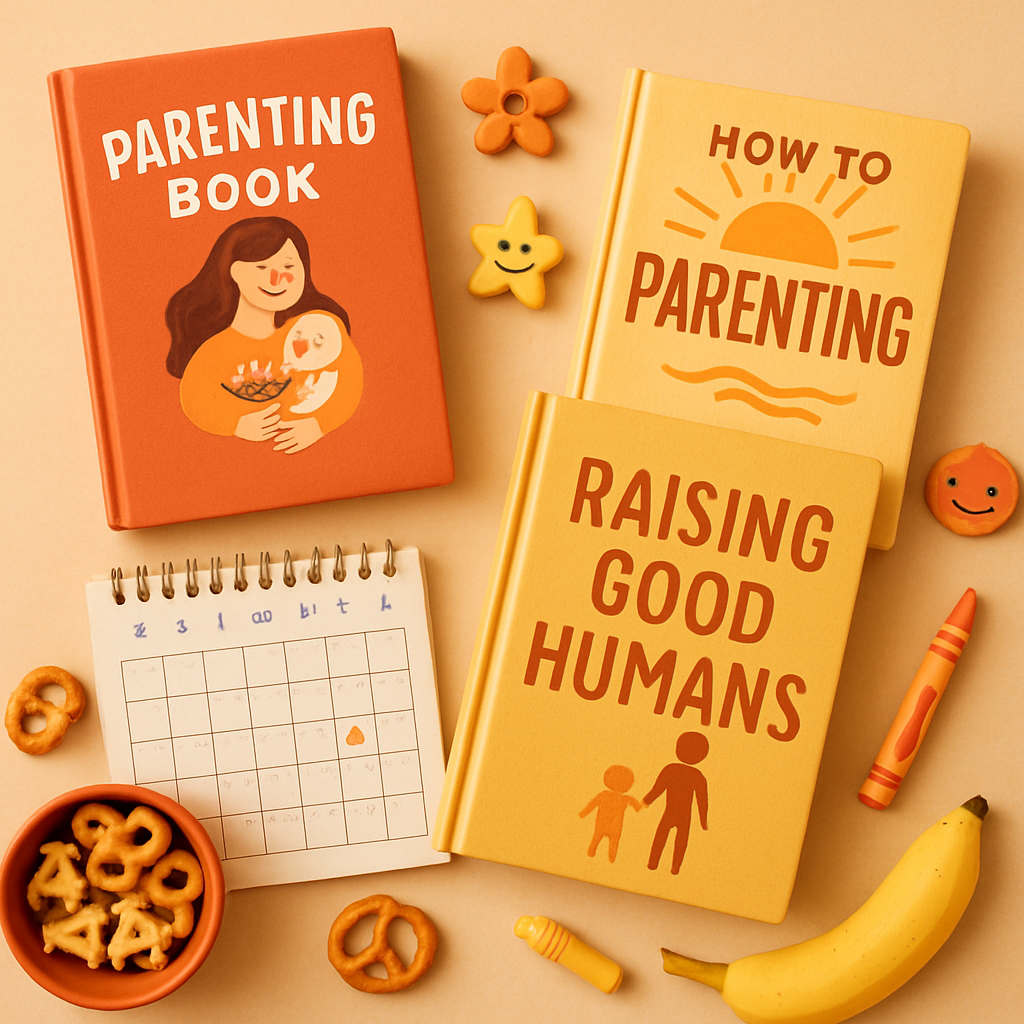 Flat lay of parenting books, a calendar, snacks, and playful stationery