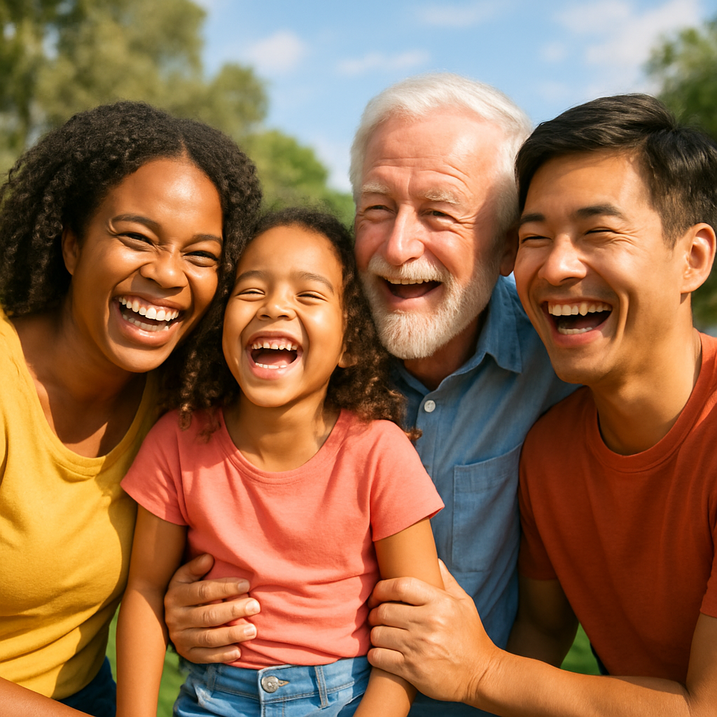 Diverse family laughing together outdoors on a sunny day