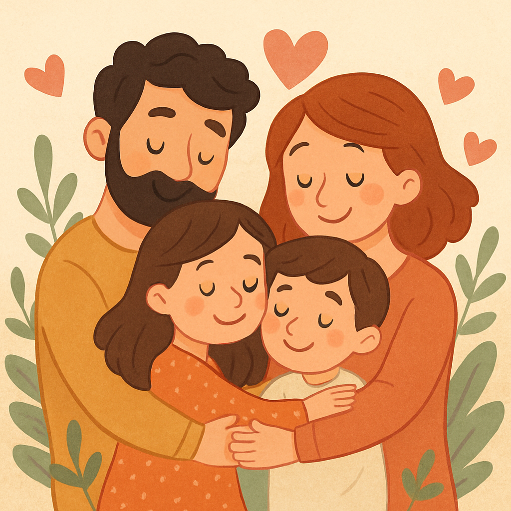 Warm illustration of a family hugging with hearts and plants in background