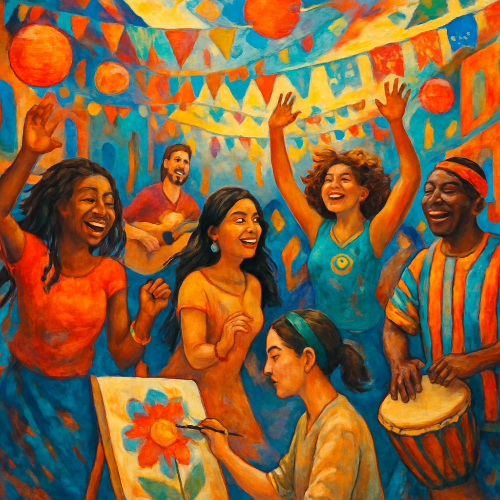 Cultural celebration, people enjoying art and music